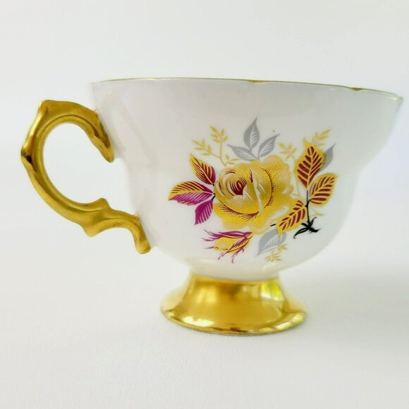 Vintage Rosina Heavy Gold Teacup & Saucer Yellow Rose Leaves Fall Autumn - Picture 4 of 16